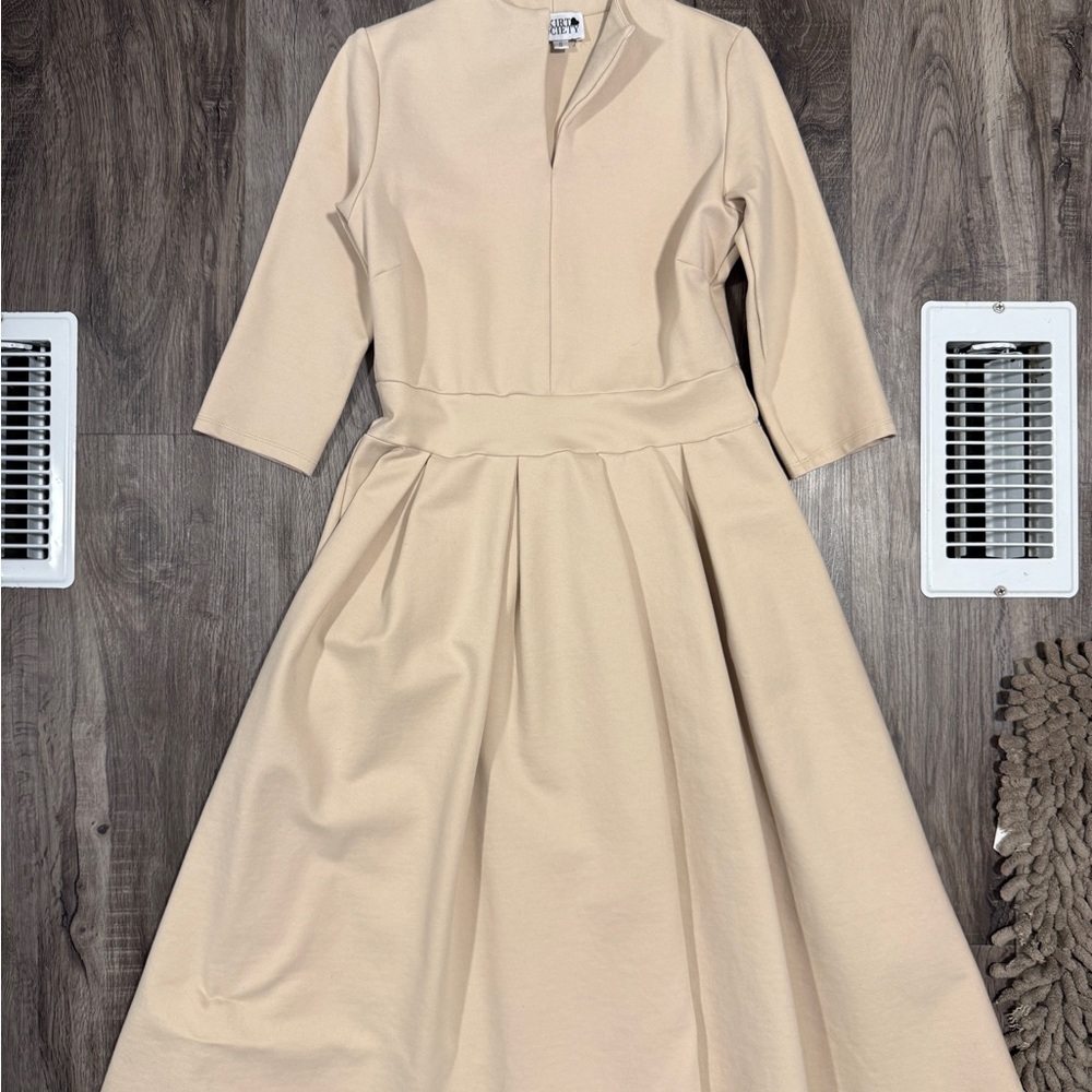 Tan Pleated A-Line Dress with Mock Neck for Wedding Guest